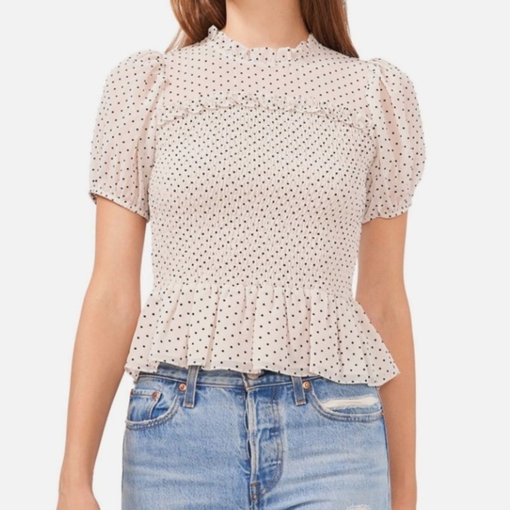 1.STATE WOMEN’S CHIFFON SMOCKED BODICE PEPLUM  BLOUSE TAPIOCA POLKA DOT SZ S